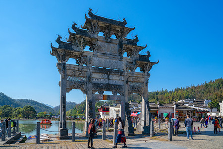 乡村入口婺源西递古村落牌坊背景