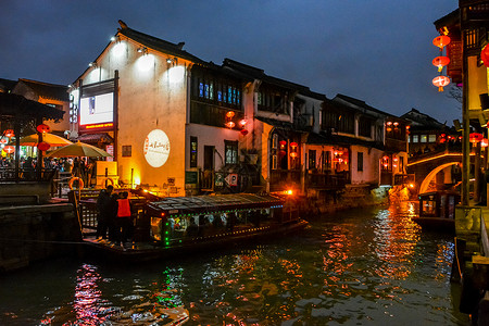 夜晚彩灯江苏4A景区木渎古镇夜景背景