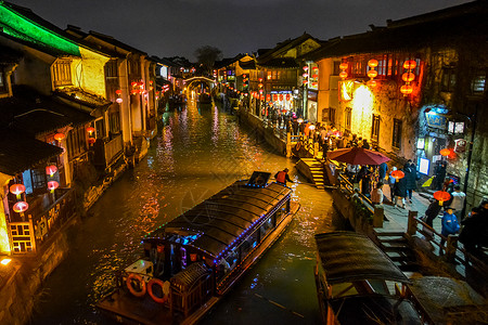 夜晚彩灯江苏4A景区木渎古镇夜景背景