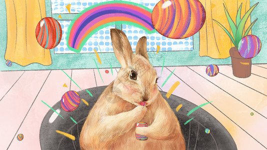 手绘糖球吃糖的兔子插画