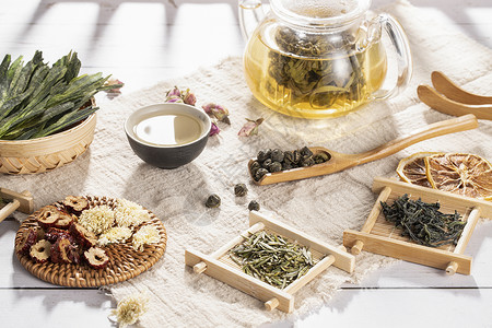 各种类茶叶茶叶与茶具背景