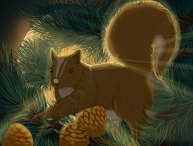 奔跑的松鼠月光下的松鼠插画
