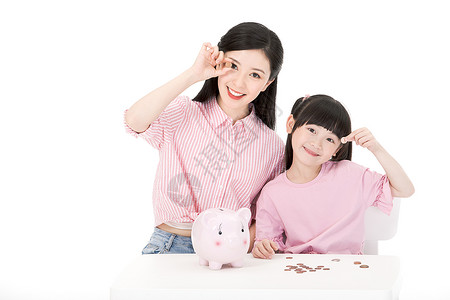 小猪和女孩母女理财存钱罐背景