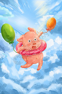 夏日蓝天气球小猪猪背景图片