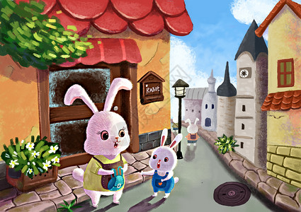 故事情节神奇的动物之童话风兔子小镇插画