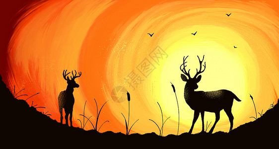 岷江源暖色夕阳下的两只麋鹿的剪影插画