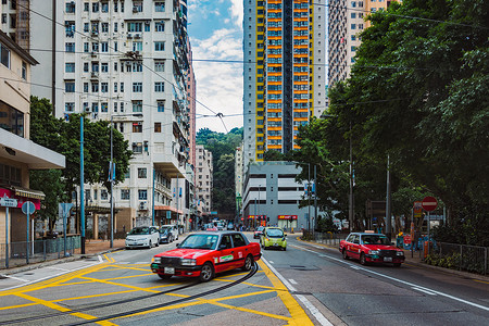 红色的士香港街头风景背景