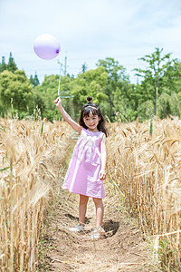 小女孩在稻田放气球背景图片