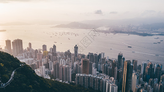 上午城市香港维多利亚港航拍背景