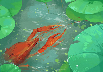 绿色海鲜荷塘小龙虾插画