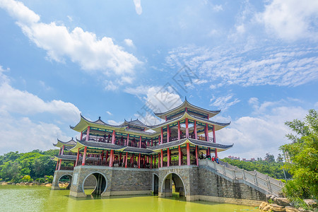 仿古廊桥倒影廊桥背景