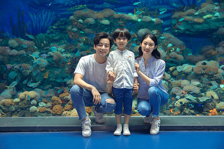 年轻家庭参观海洋馆背景图片