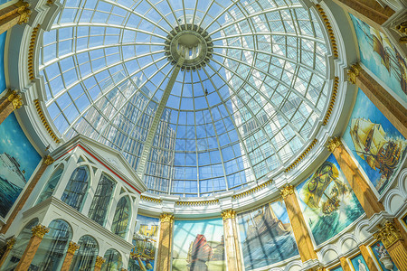 上海环球港购物中心巨大的中庭圆顶仰视高清图片