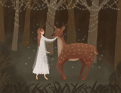 发光的小鹿欧风复古森系头戴鹿角的森女见到心爱的梅花鹿插画