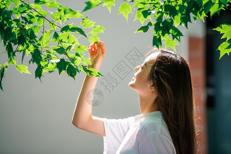 抬头看小人女孩抬头看绿叶背景