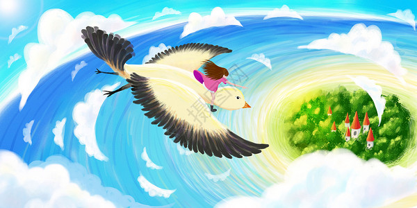 海洋城堡自由翱翔的飞鸟和冒险少女插画