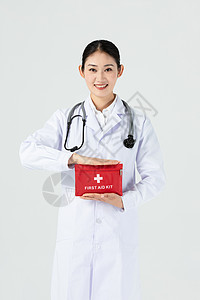 慈善中国美女医生展示医疗包背景