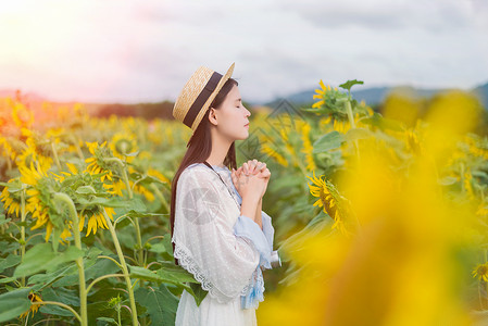 跪着祈祷的女孩向日葵女孩祈祷背景
