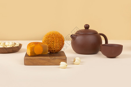 红豆茶杯造型八月中秋节月饼背景