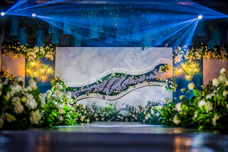 蓝色婚礼舞台背景室内婚礼布景背景