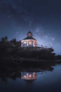 天空下的灯塔星空下的小木屋背景