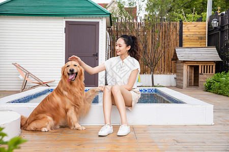 与主人握手的金毛犬美女与宠物狗院子里嬉戏握手背景