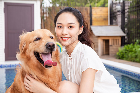 年轻美女主人与宠物金毛犬嬉戏高清图片