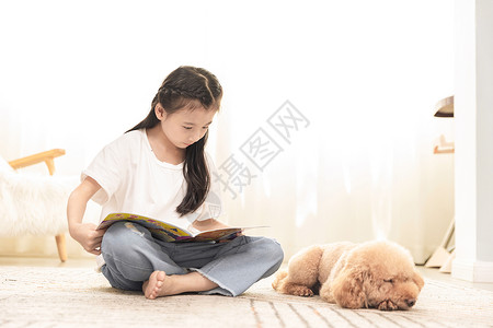 和孩子一起看书小女孩和狗狗一起看书背景
