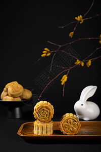 中秋节兔子剪纸中秋广式月饼背景