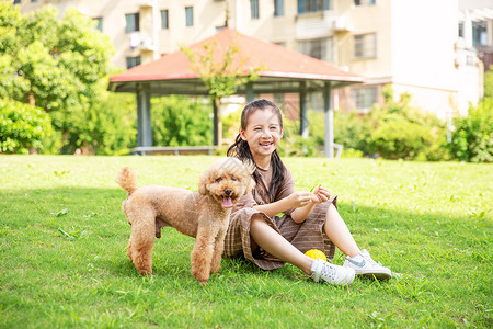 狗和儿童小女孩户外遛狗背景