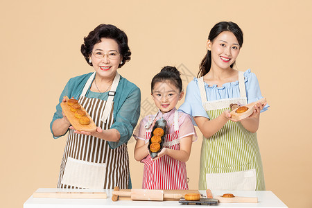 中秋节女孩祖孙三代一起做月饼背景