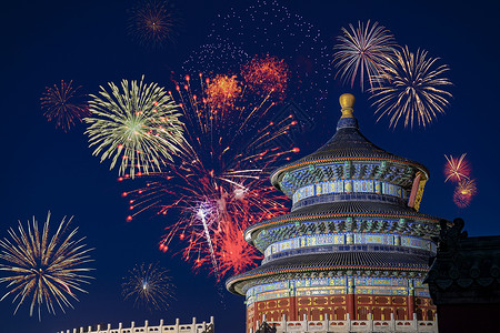 烟花和夏末北京天坛国庆节庆祝背景