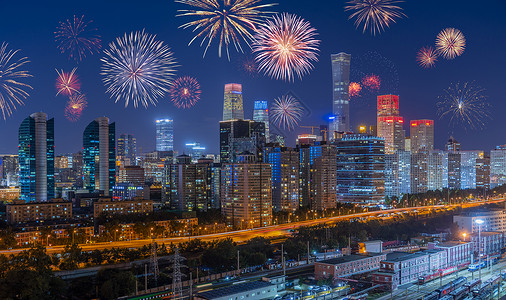 烟花和夏末北京国贸庆祝国庆节背景