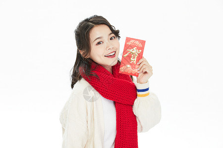 年轻美女新年拿红包背景图片