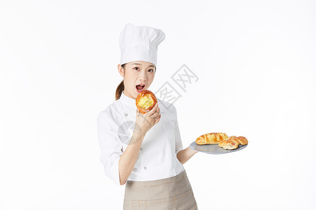 女性面点师手端面包背景图片