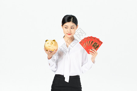 金猪贺岁字体商务女性拿红包和零钱罐背景