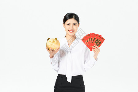 商务女性拿红包和零钱罐背景图片