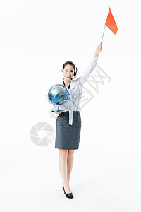 女导游手托地球仪背景图片