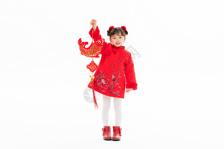 龙年新年大吉促销海报小女孩手拿红鲤鱼背景