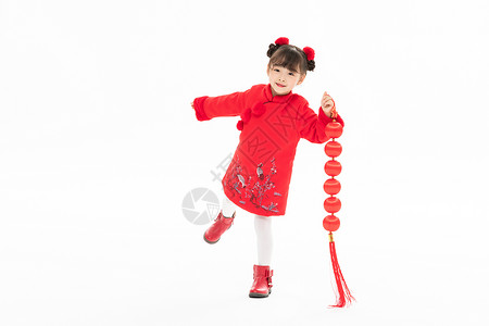 中国春节福龙年玩雪球小女孩新年手拎灯笼背景
