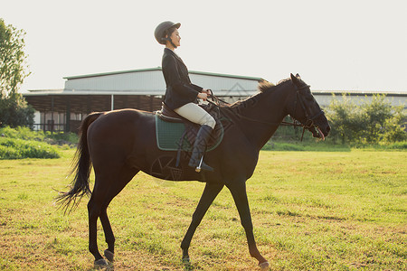 马术训练年轻女子户外骑马背景