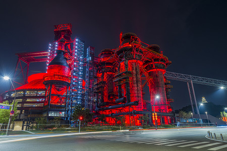 红色夜景素材北京首都钢铁遗址夜景背景