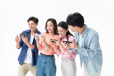 青年男女一起玩手机游戏背景图片