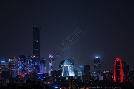 北京CBD城市的欢度国庆建筑夜景图片