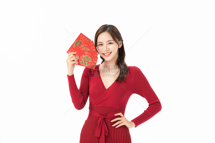 新年手拿红包女性欢乐形象图片