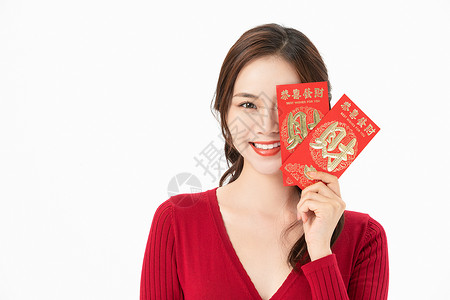 新宝新年素材女性拿红包背景