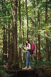 青年女性森林里看地图高清图片