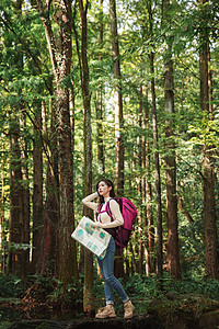 徒步旅行路线青年女性森林里看地图背景