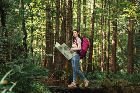 青年女性森林里看地图图片