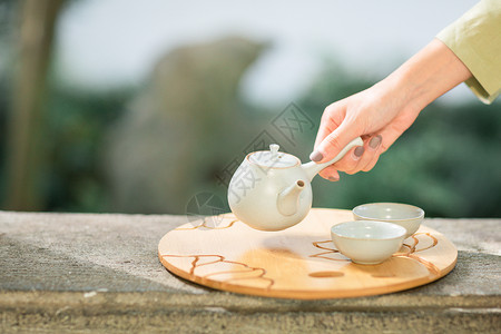 庭院喝茶古风泡茶特写背景